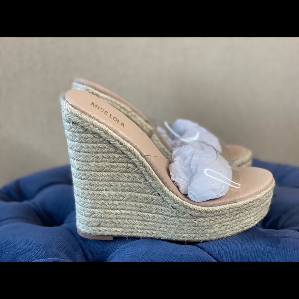 CLEAR STRAP PLATFORM ESPADRILLE WEDGE MULE SANDALS NWT SIZE 7